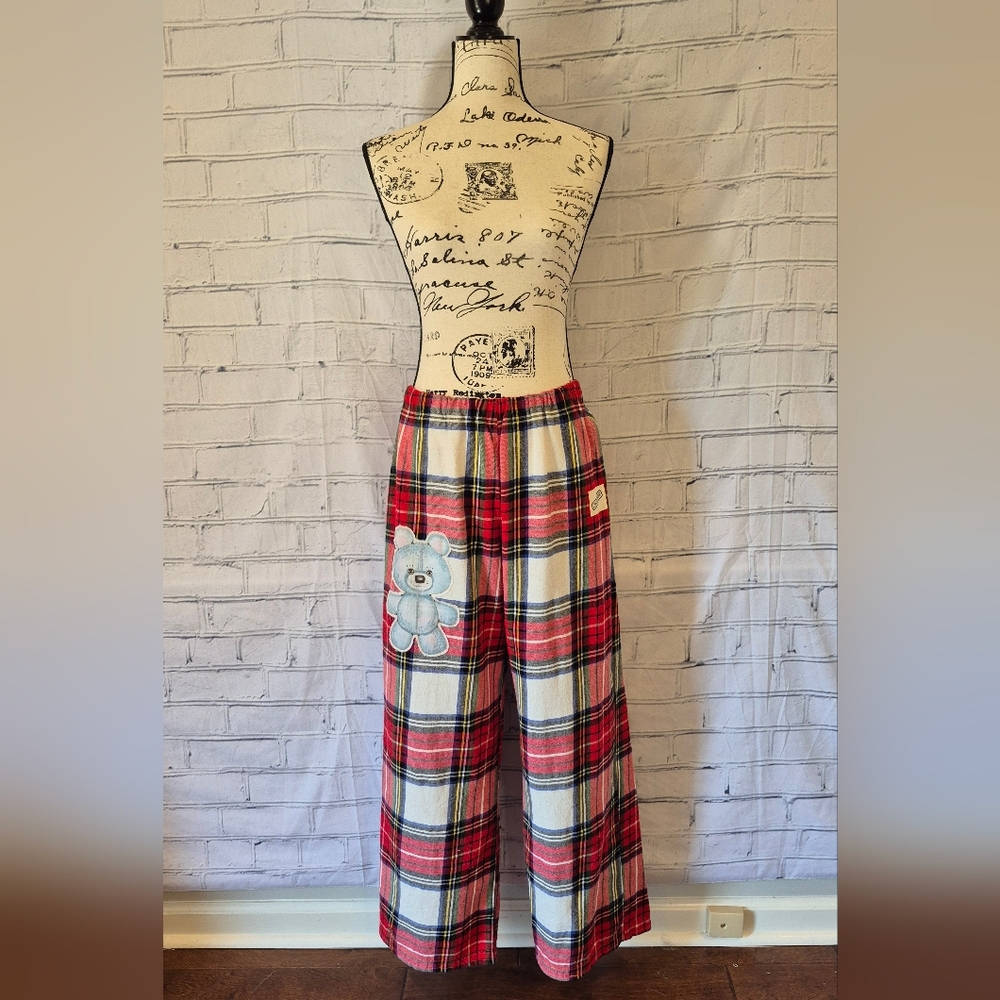 Red Plaid Lounge Pants with Blue Teddy Patch